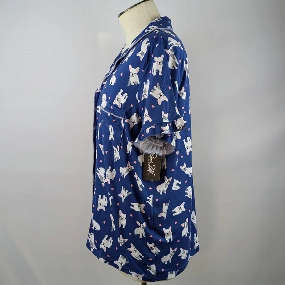 René Rofé French Bulldog Print PJ Set Short Sleeve Top Shorts Navy White L NWT - Picture 4 of 12